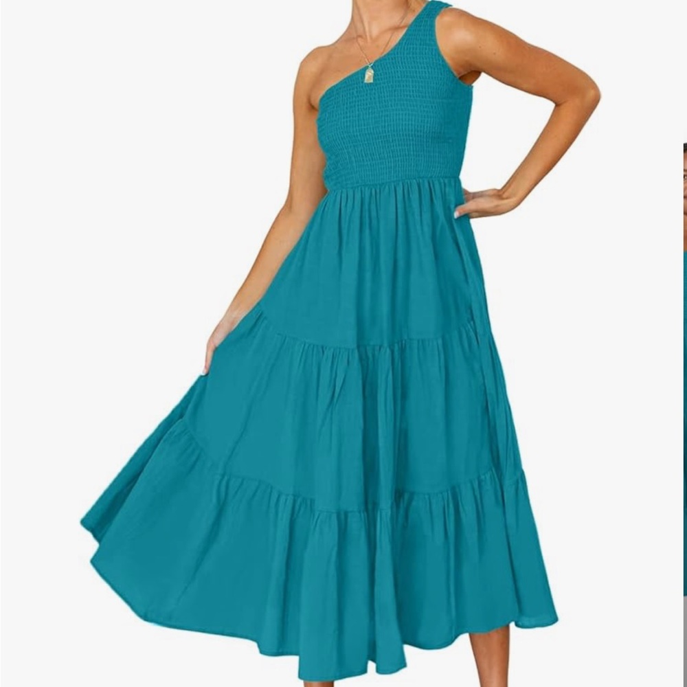 Teal One Shoulder Boho Tiered Midi Dress
